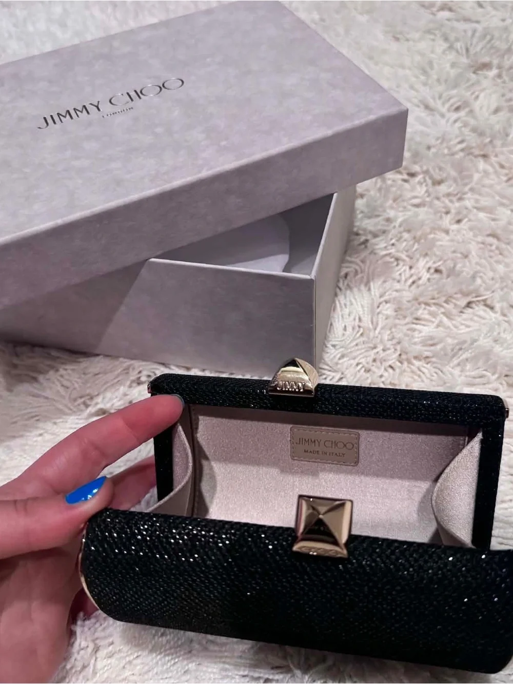 Jimmy Choo Black Glitter Clutch with Gold-Tone Hardware